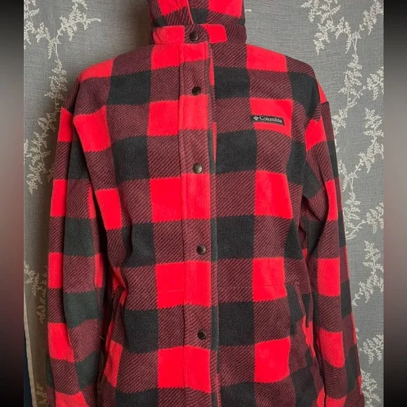 Columbia Red Black Buffalo Plaid Fleece Jacket Button Front Cozy Cabin Core - Picture 6 of 10